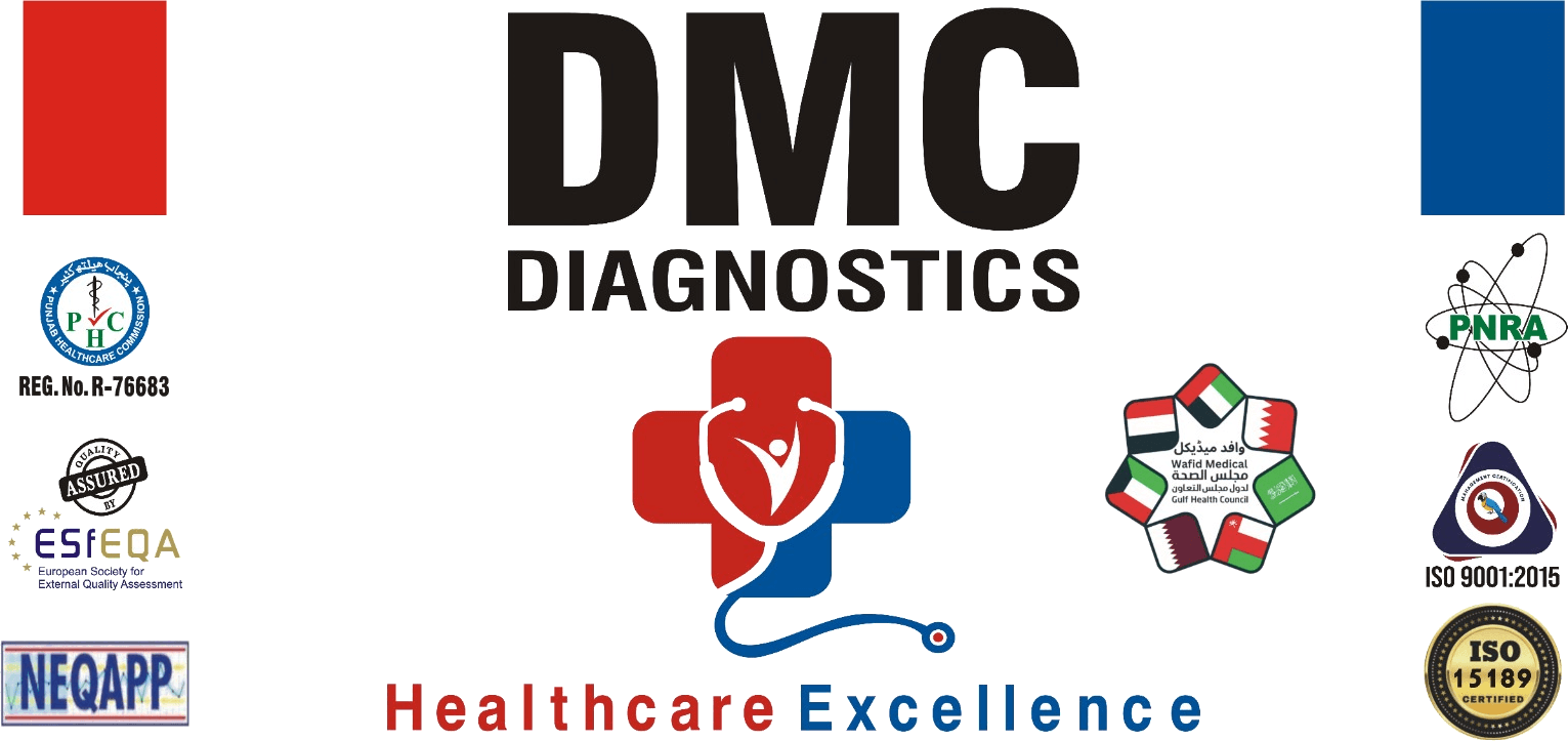 DMC Diagnostics accreditations: Punjab Healthcare Commission, ESfEQA, NEQAPP, Wafid Medical Gulf Health Council, PNRA, ISO 9001:2015 and ISO 15189 certified
